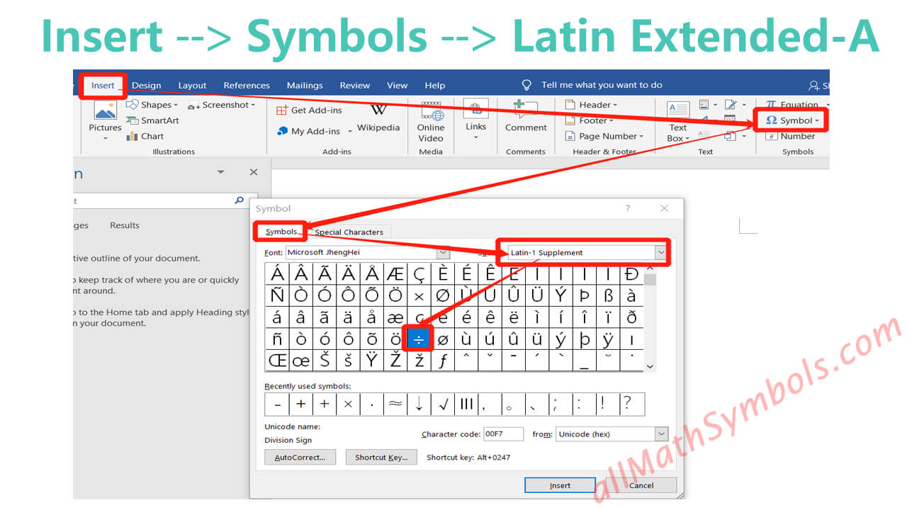 type a division Sign in-word and excel