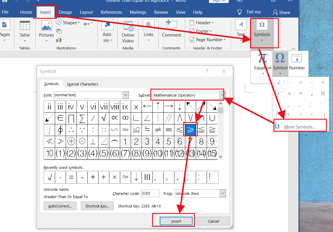 Type a greater than equal to sign in word and excel