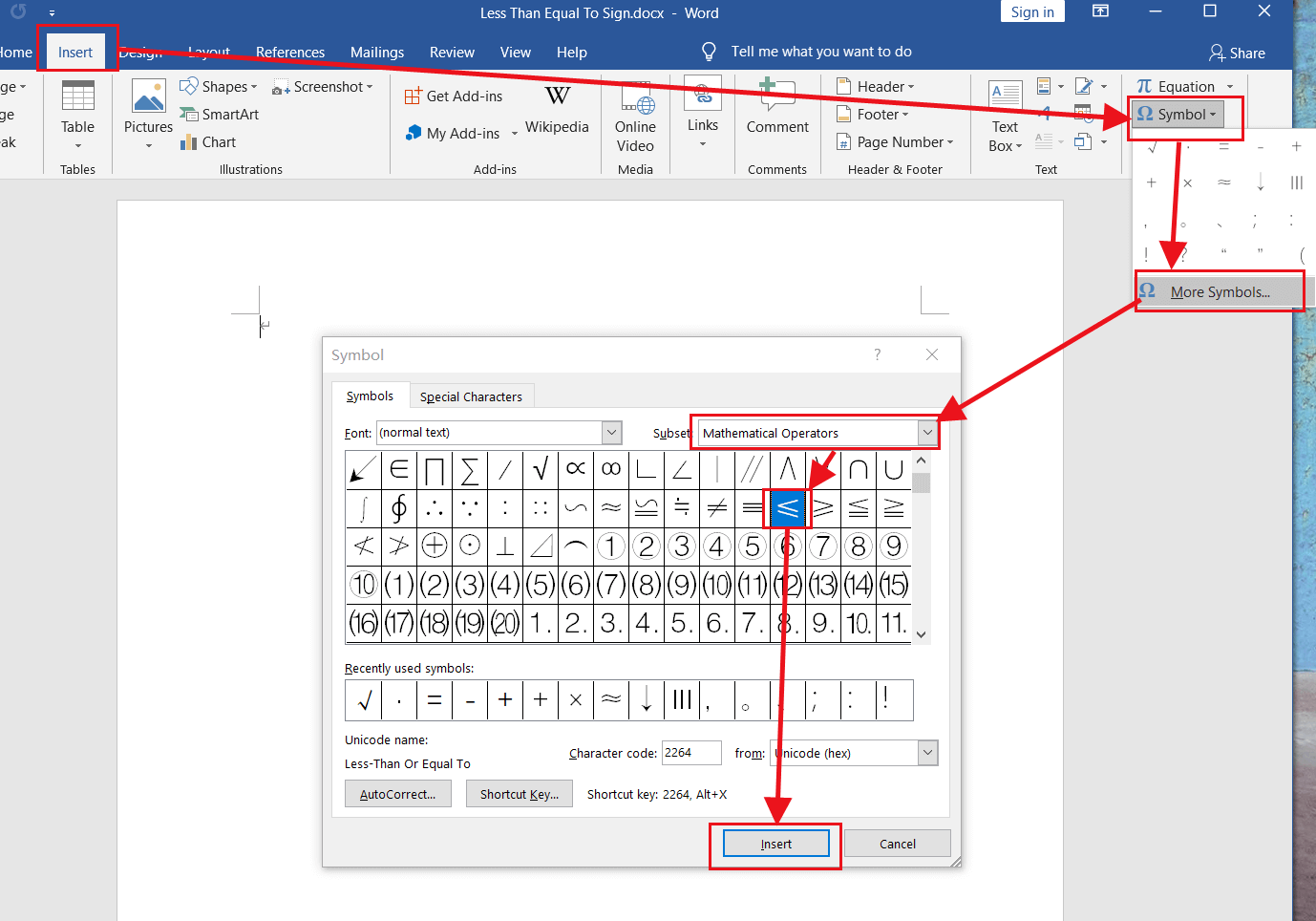 Type Less Than Equal To Sign in Word or Excel