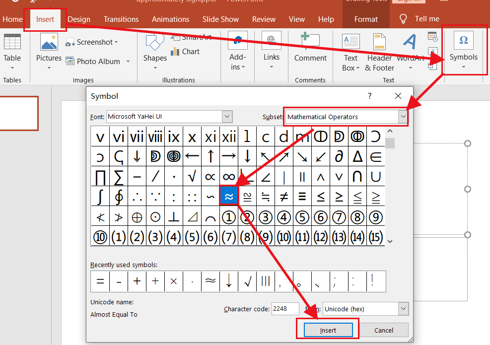 type an approximately Sign in Powerpoint