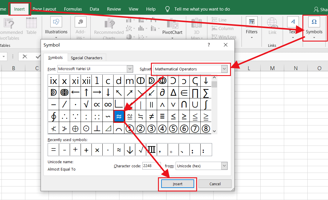 type an approximately Sign in Excel