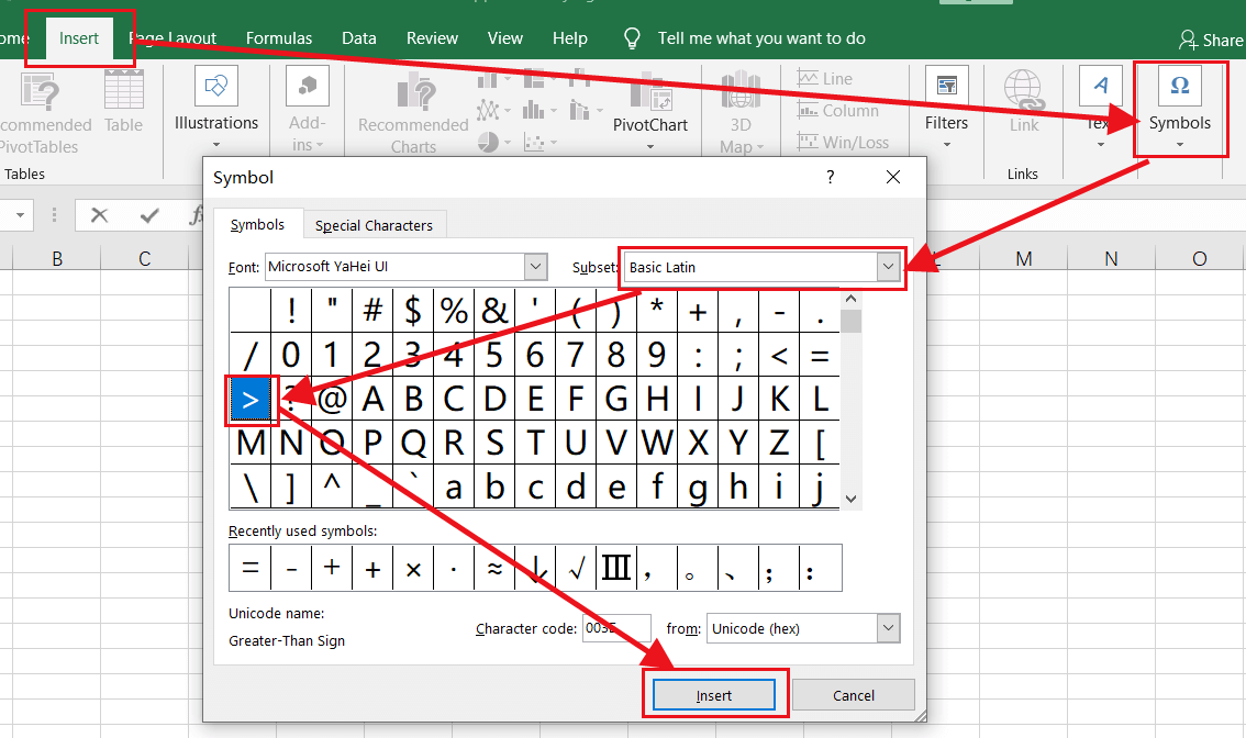 type a greater than sign in-word, excel and powerpoint