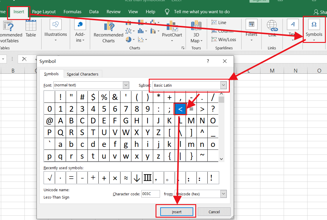 type a less than sign in-word and excel