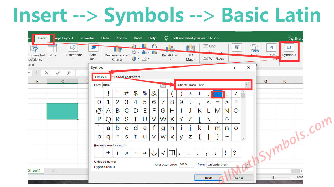 type minus symbol in word and excel