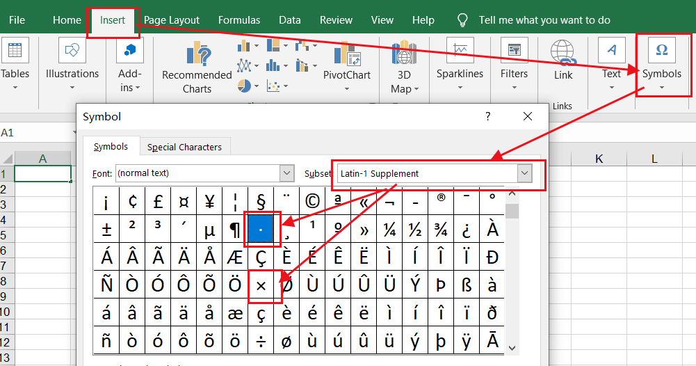type a Multiplication Sign in Word or Excel include times sign, dot symbol and asterisk symbol