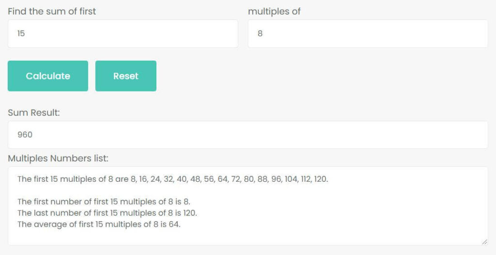 find the sum of first 15 multiples of 8