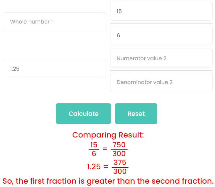 Comparison of improper fractions and decimals