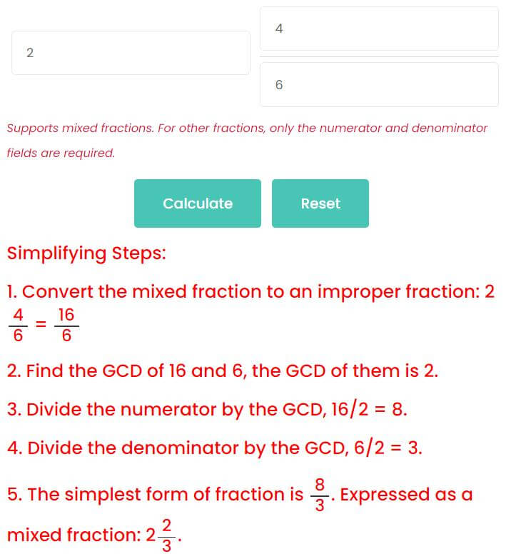 Simplify mixed fractions