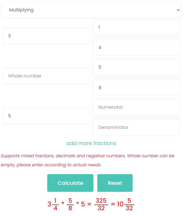 product of 3 fractions included mixed fraction and decimals