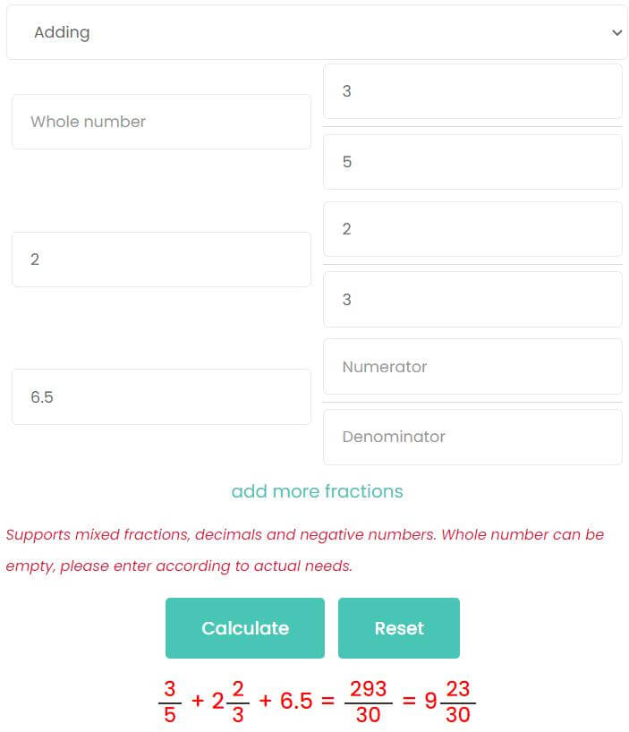 sum of 3 fractions included mixed fraction and decimals