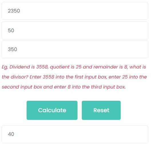 What is the divisor when the dividend is 2350 and the quotient is 50 with a remainder of 350