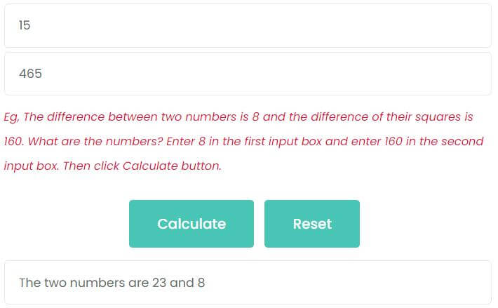 The difference between two numbers is 15 and the difference of their squares is 465. What are the numbers?