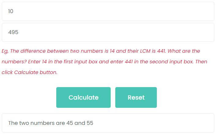 The difference of two numbers is 10 and their LCM is 495. What are the numbers?