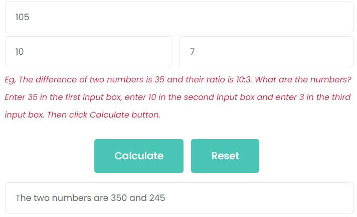 he difference of two numbers is 105 and their ratio is 10:7. What are the numbers?