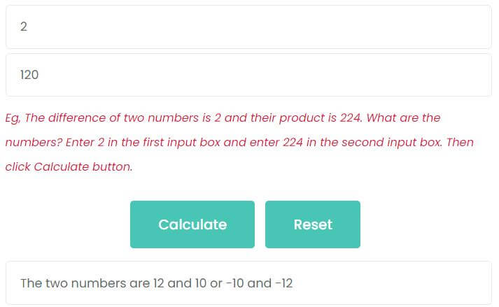 The difference of two numbers is 2 and their product is 120. What are the numbers?