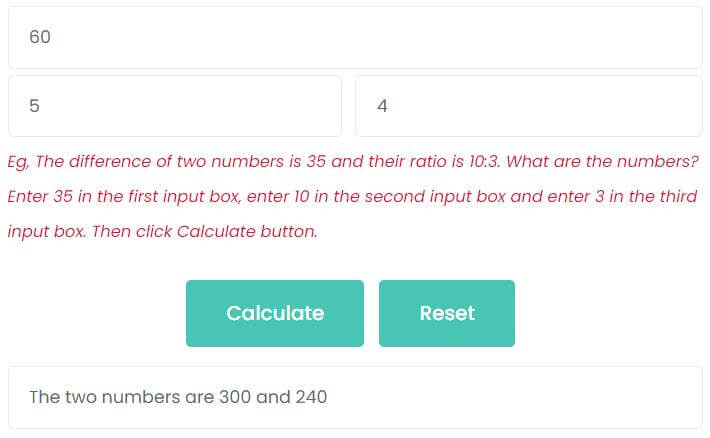 The difference of two numbers is 60 and their ratio is 5:4. What are the two numbers?