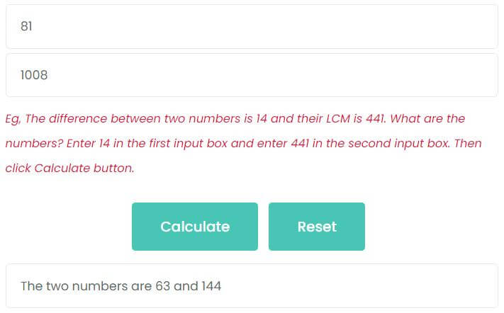 The difference of two numbers is 81 and their LCM is 1008. What are the numbers?