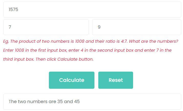 The product of two numbers is 1575 and their ratio is 7:9. What are the two numbers?