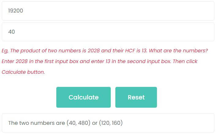 The product of two numbers is 19200 and their HCF is 40. What are the numbers?
