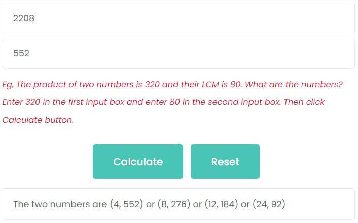 The product of two numbers is 2208 and their LCM is 552. What are the numbers?