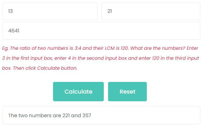 The ratio of two numbers is 13/21 and their LCM is 4641. What are the numbers?