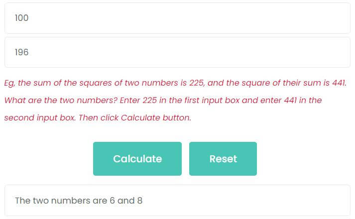 The sum of the squares of two numbers is 100 and the square of their sum is 196. What are the numbers?