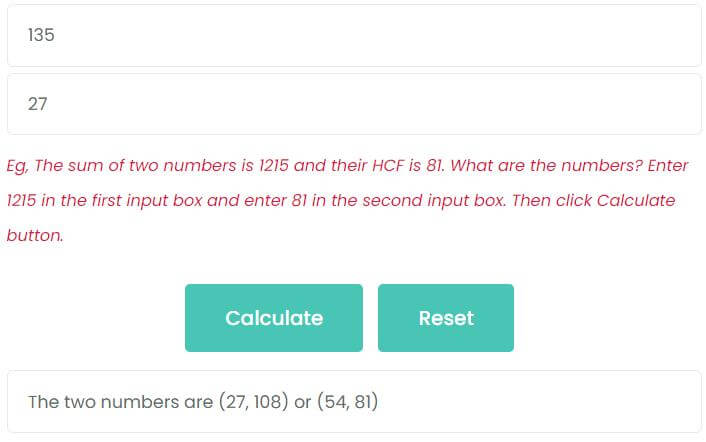 The sum of two numbers is 135 and their HCF is 27. What are the numbers?