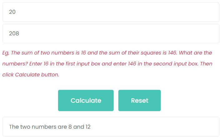 The sum of two numbers is 20 and the sum of their squares is 208. What are the numbers?