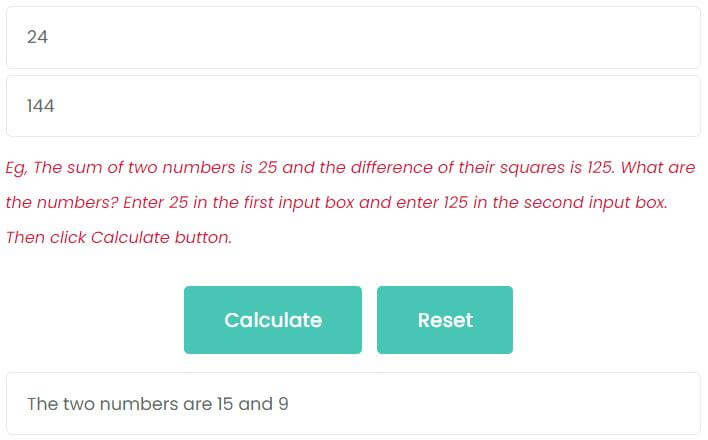 The sum of two numbers is 24 and the difference of their squares is 144. What are the numbers?