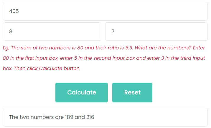 The sum of two numbers is 405 and their ratio is 8:7. What are the two numbers?