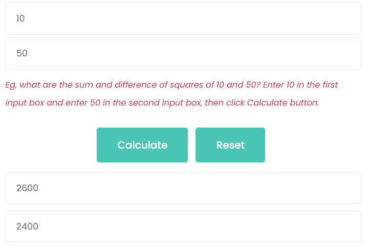What are the sum and difference of squares of 10 and 50?