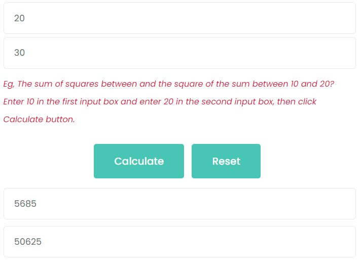 What are the sum of squares and the square of the sum between 20 and 30?