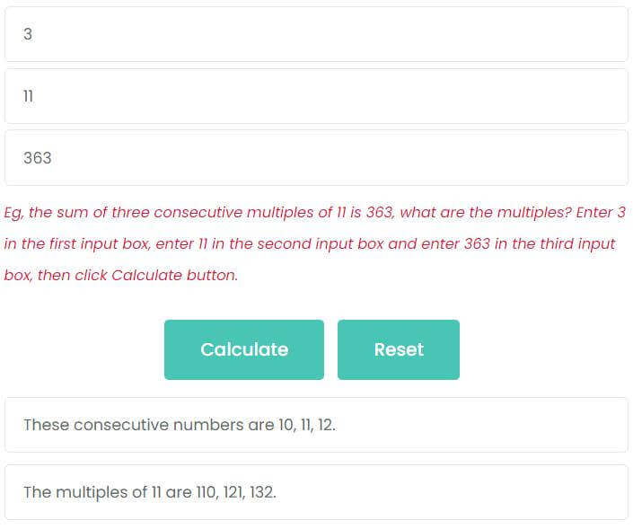 the sum of 3 consecutive multiples of 11 is 363, what are the multiples?