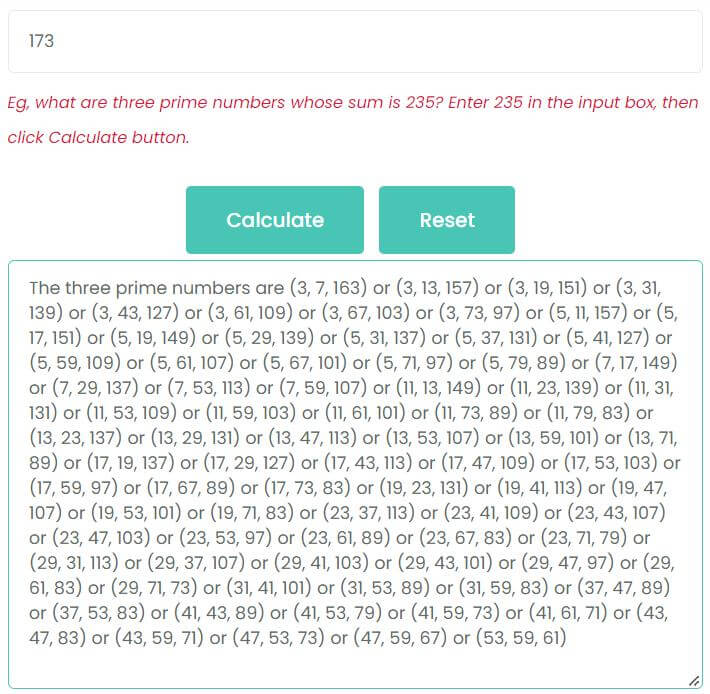 What are three prime numbers whose sum is 173?