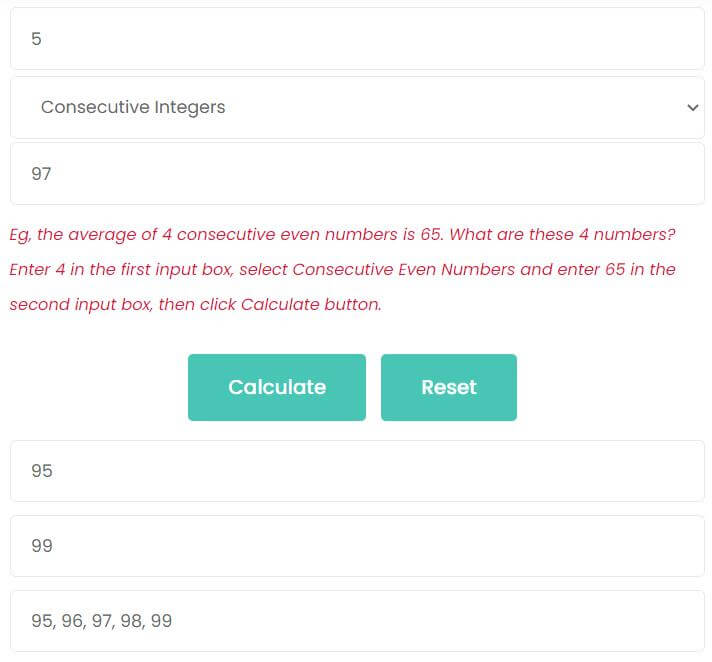 The average of 5 consecutive numbers is 97. Find these 5 consecutive numbers